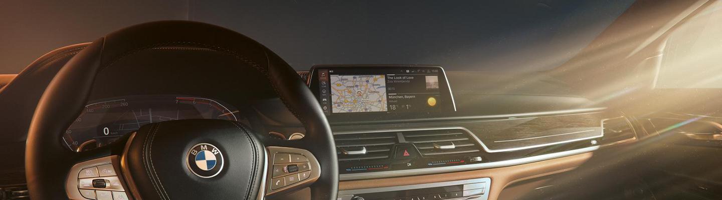 Close-up of a BMW steering wheel and infotainment system