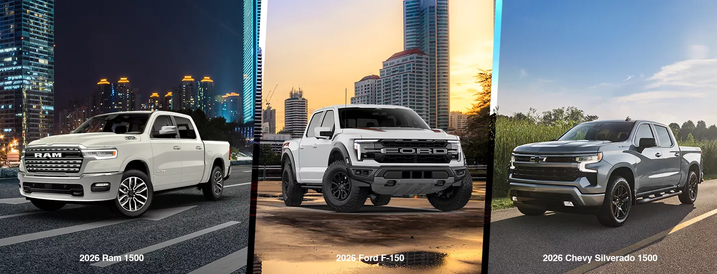 Side by side comparison of the 2026 RAM 1500, 2026 Ford F-150, and 2026 Chevrolet Silverado 1500