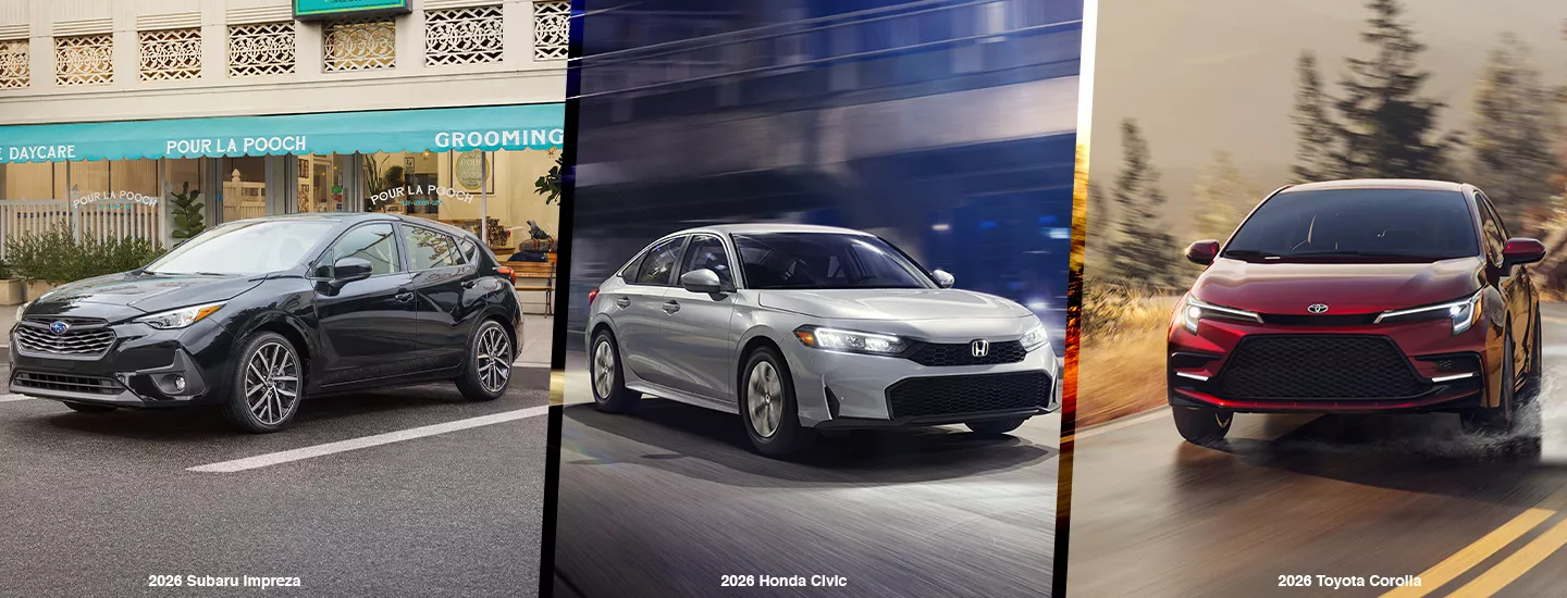 2026 Subaru Impreza, 2026 Honda Civic, 2026 Toyota Corolla side by side