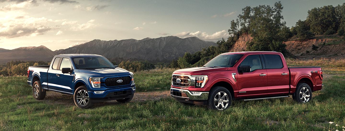 Blue and Red Ford facing each other