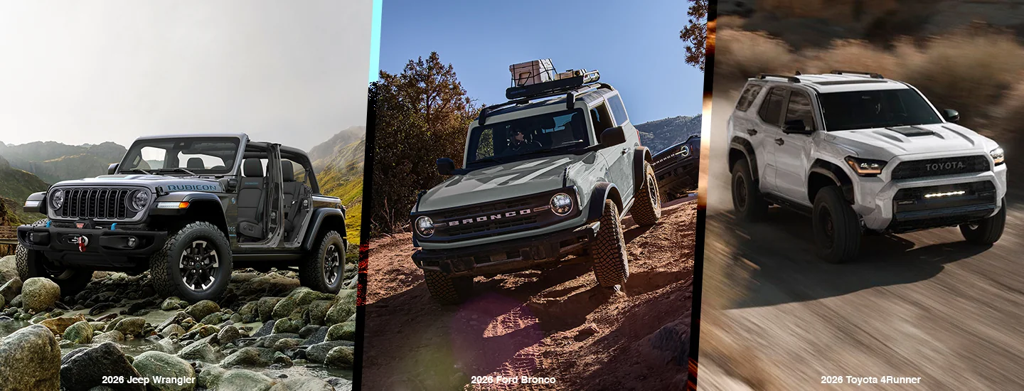 a 2026 Jeep Wrangler and a Ford Bronco and a Toyota 4Runner split image all offroad