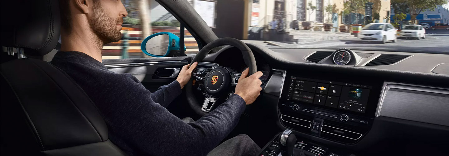 Safety features and interior of the 2019 Porsche Macan.
