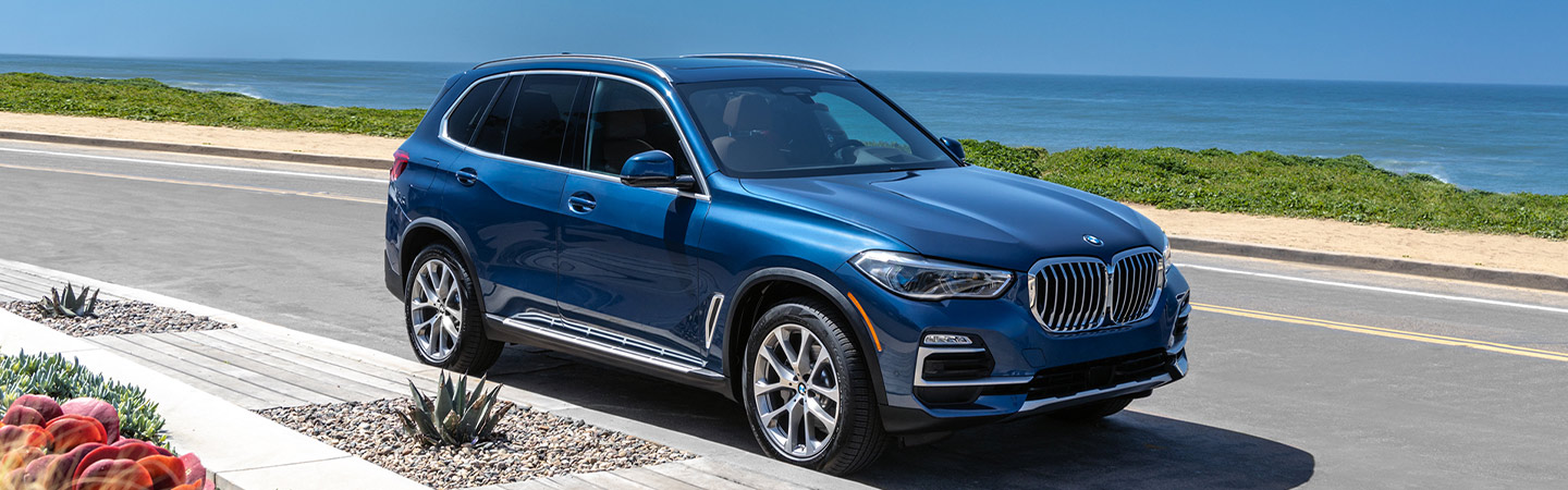 Blue BMW X5 parked by the ocean