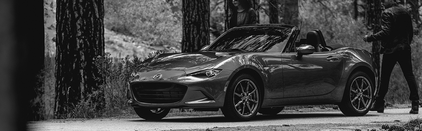 Black and white photo of a 2020 Mazda MX-5 Miata RF