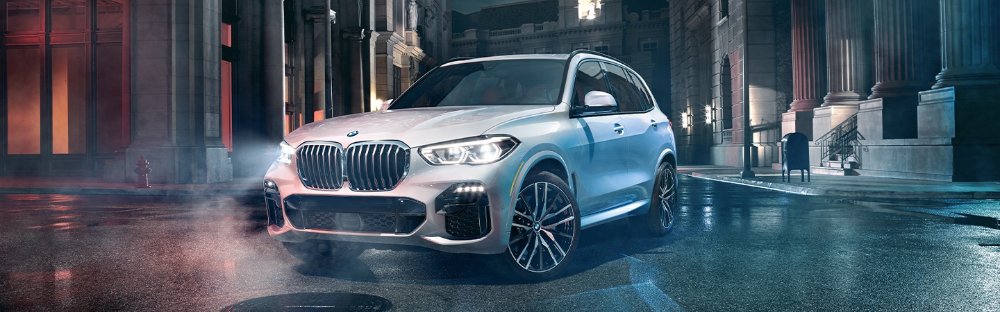 Front side view of silver 2020 X5