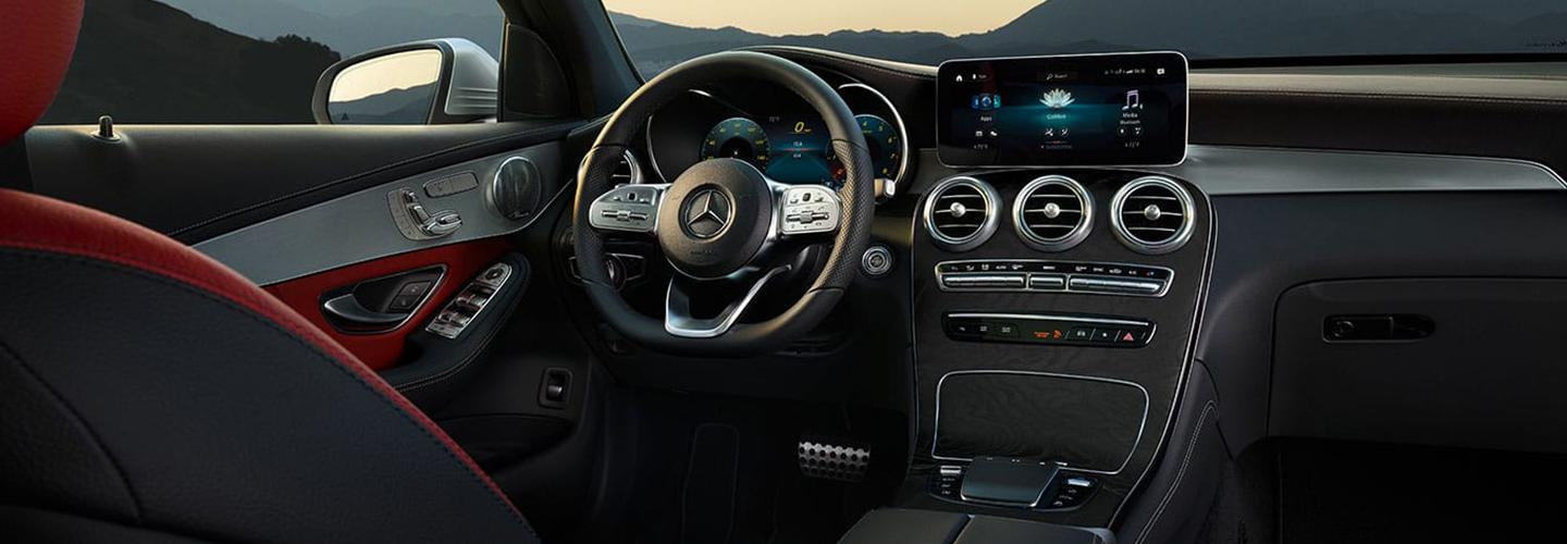 Interior view of the steering wheel and infotainment system