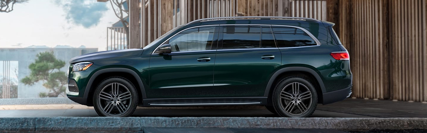Driver’s side profile of blue GLS parked