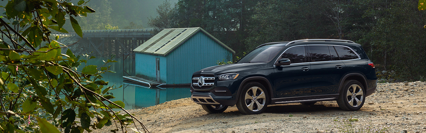 Black Mercedes-Benz GLS parked by a lake and cabin