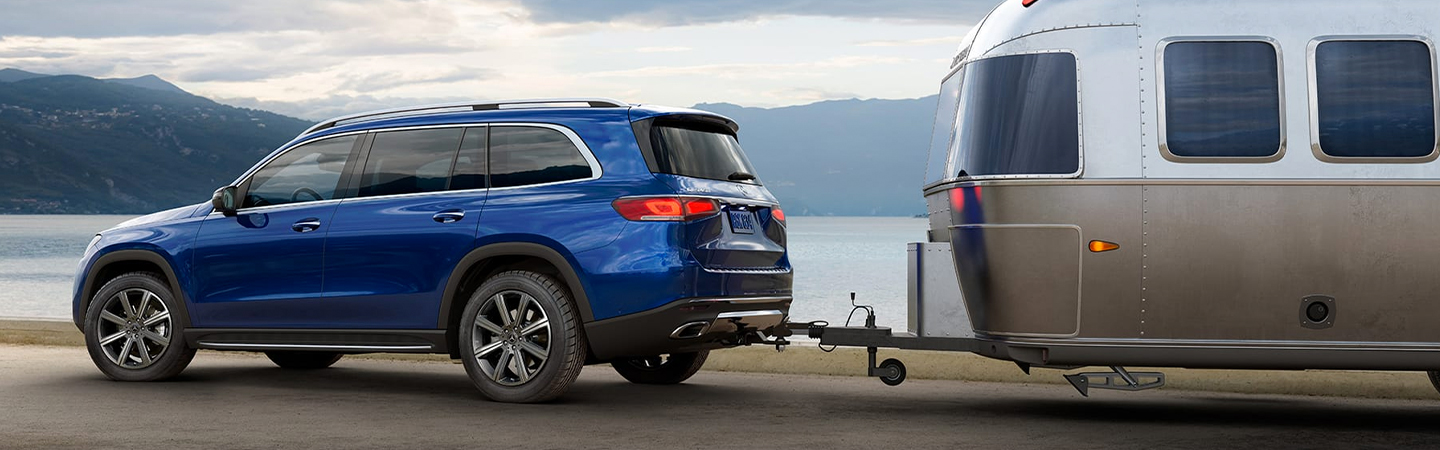 Blue GLS towing an Airstream