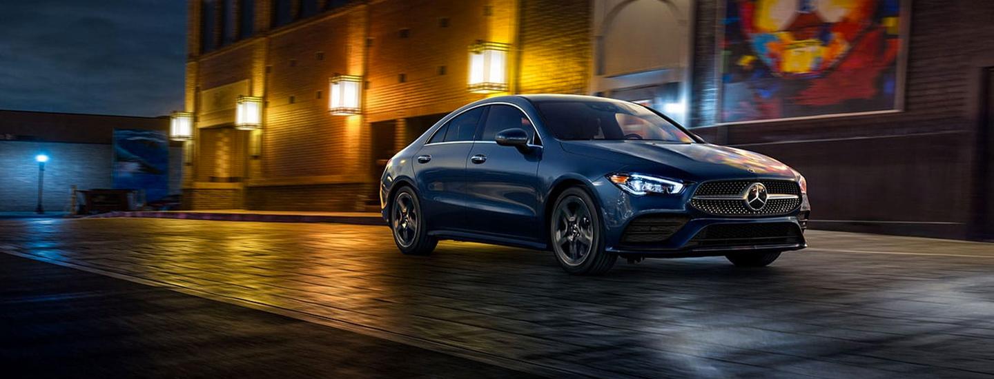 Navy blue CLA parked