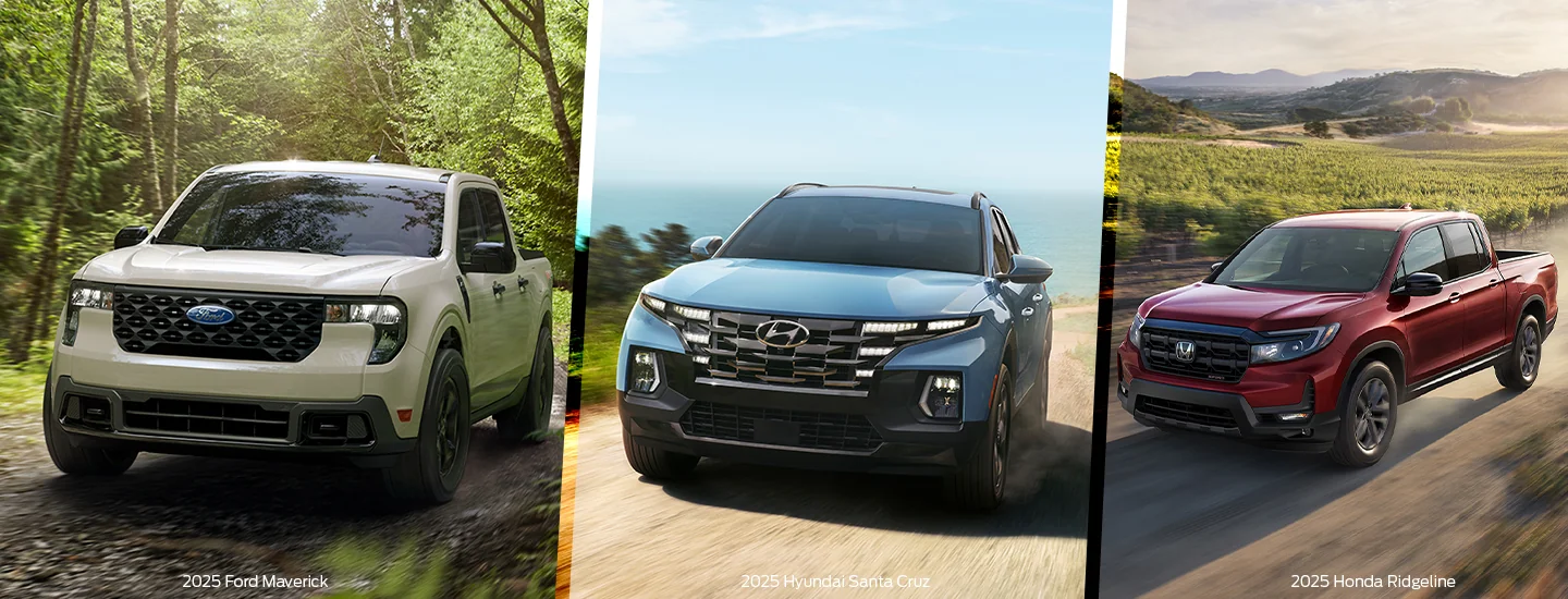 2025 Ford Maverick Lobo™ and a 2025 Hyundai Santa Cruz Limited and a 2025 Honda Ridgeline Black Edition split image