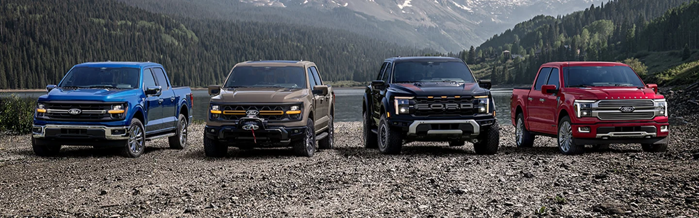 2025 Ford F-150 vs. Competition Red, Brown, Blue and Black Stand on moutain View