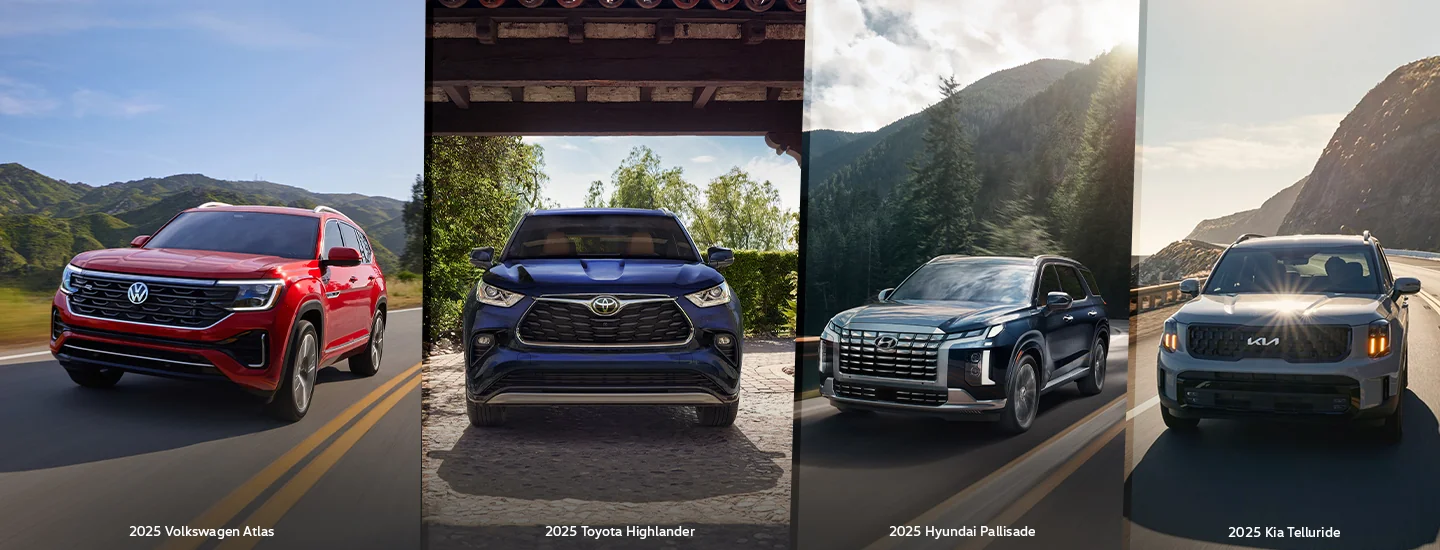 split screen image of 2025 Volkswagen Atlas vs Competition and 3 other competitors vehicles