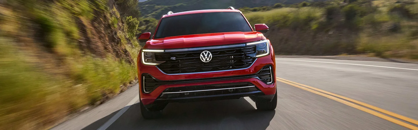 front view of a red 2025 Volkswagen Atlas SEL Premium R-Line