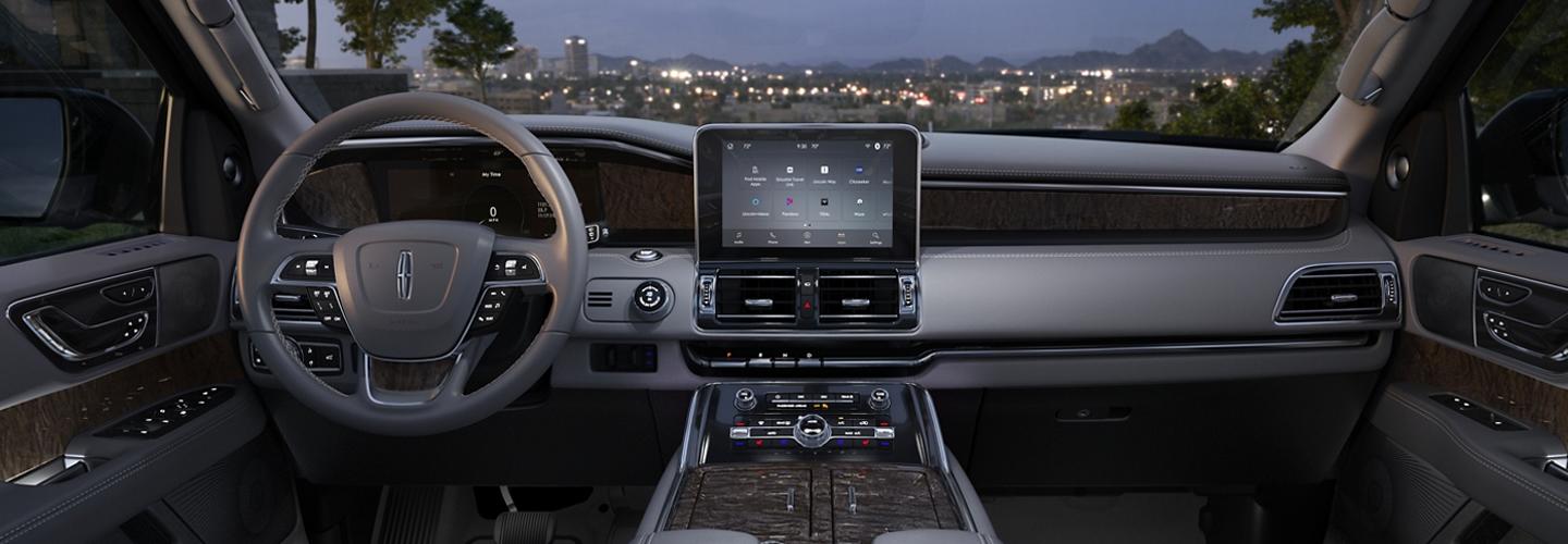 Driver and passenger prospective  of the steering wheel and interior of the 2020 Lincoln Navigator