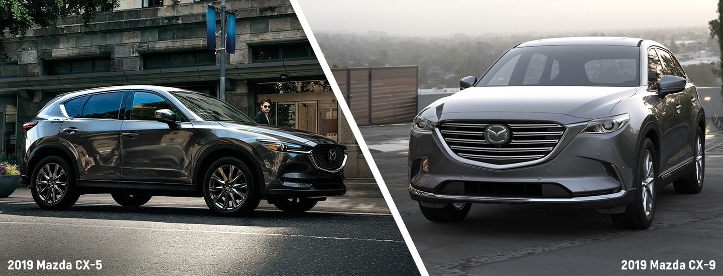 Front view of the 2019 Mazda CX-9 and side view of the 2019 Mazda CX-5