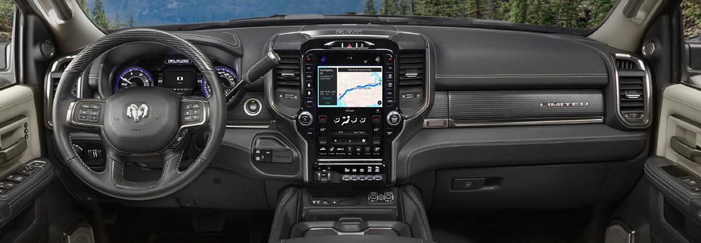 Steering wheel and interior of a RAM truck