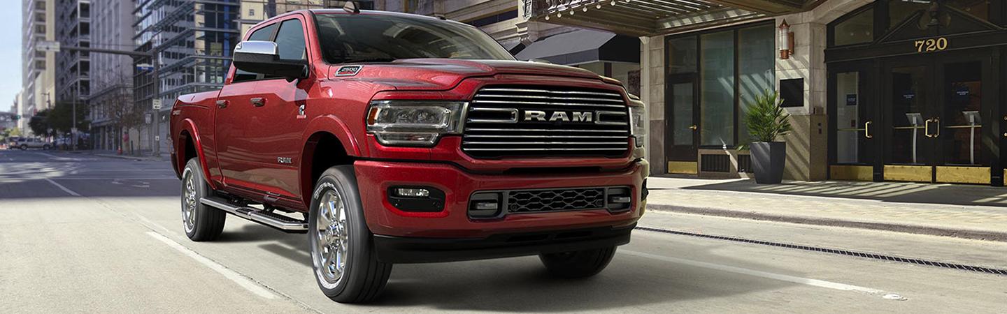Red RAM truck in motion