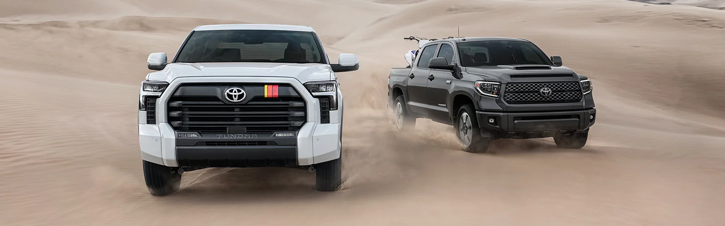 2025 Toyota Tundra Specs white and black color truck stand on desert