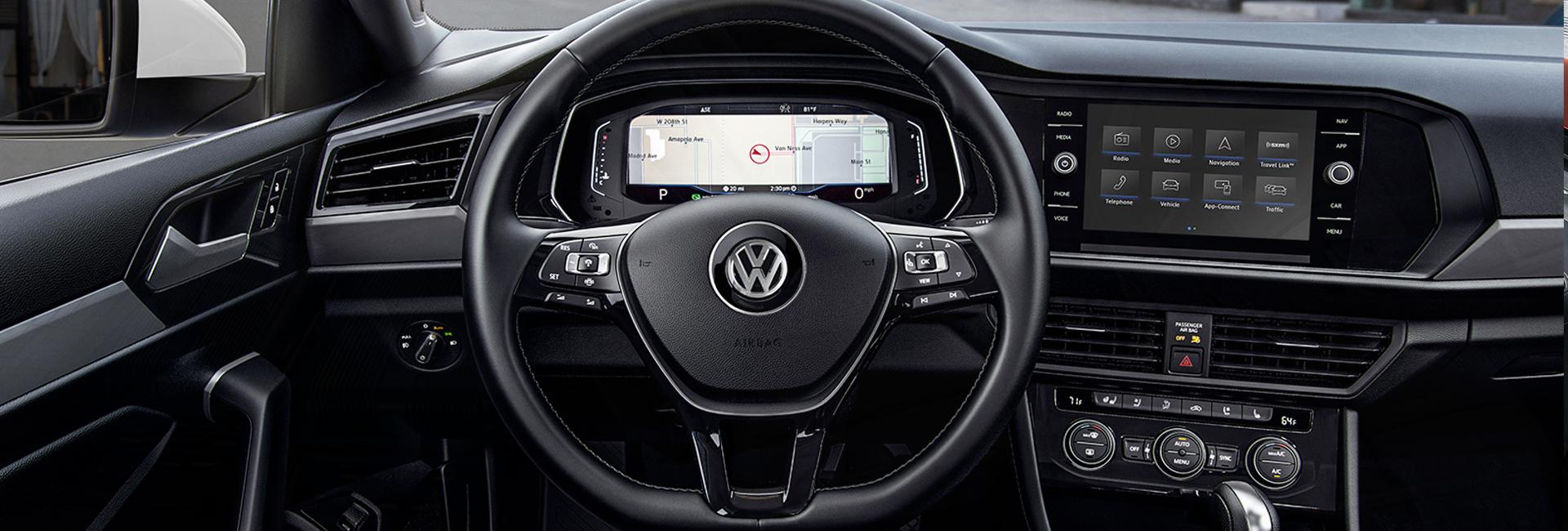 Steering wheel and infotainment view of the 2020 Jetta.