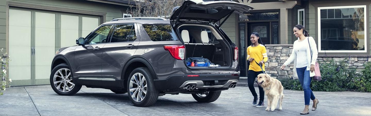 2021 Ford Explorer parked in a driveway with the trunk open
