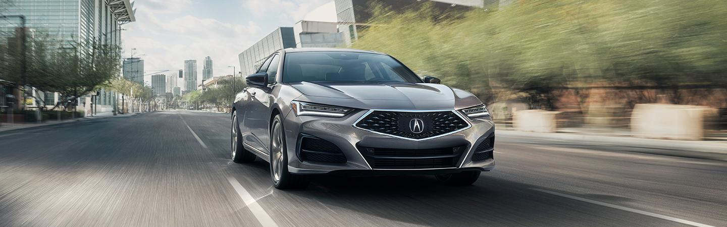 Full front view of the silver acura
