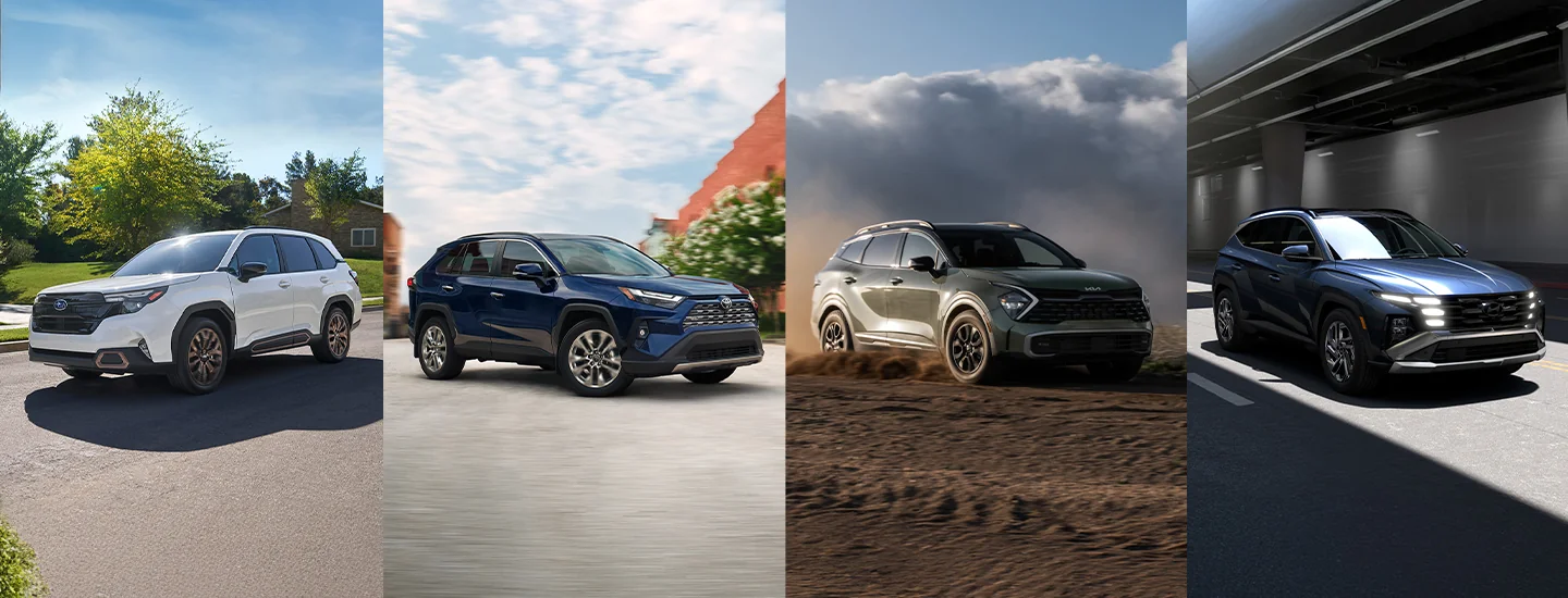 white 2025 Subaru Forester Touring and blue 2024 Toyota RAV4 Limited and green 2025 Kia Sportage X-Pro Prestige and blue 2025 Hyundai Tucson Limited in collage, split image in Leesburg FL