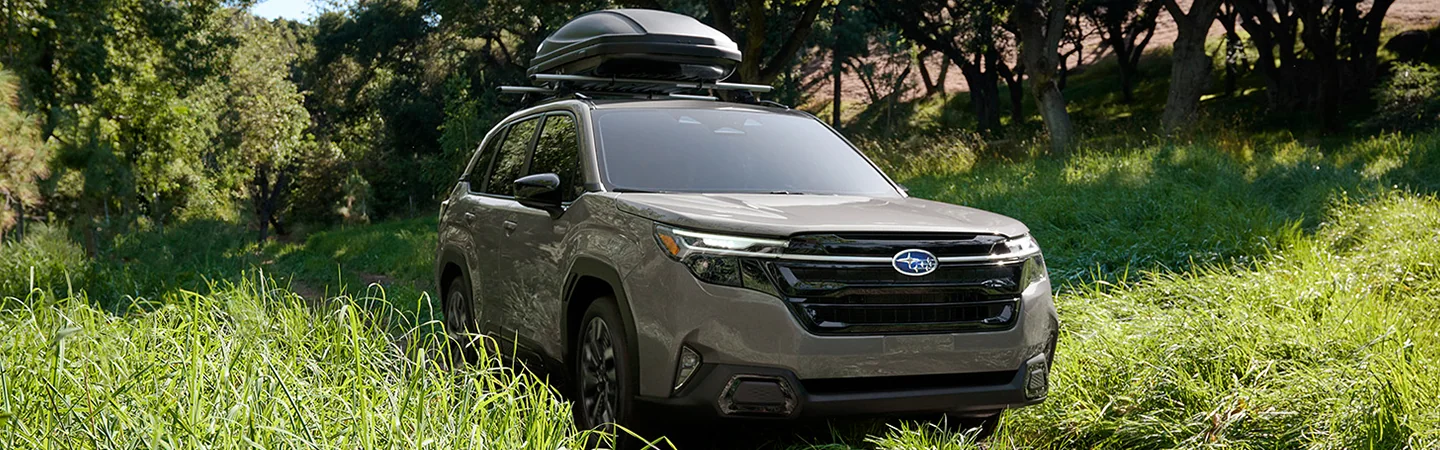 silver 2025 Subaru Forester Touring offroad with luggage in roof rack in Leesburg FL