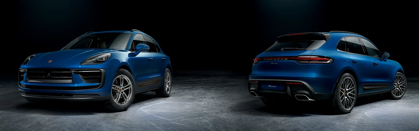 front and back of blue Porsche Macan