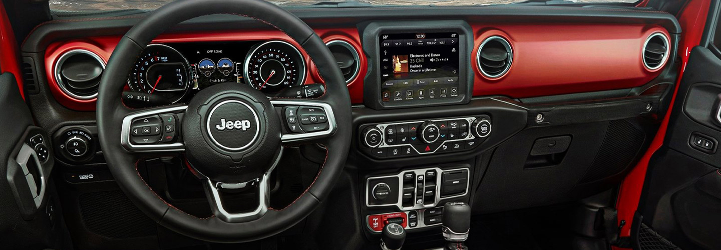 Red and black interior view of the 2020 Jeep Gladiator