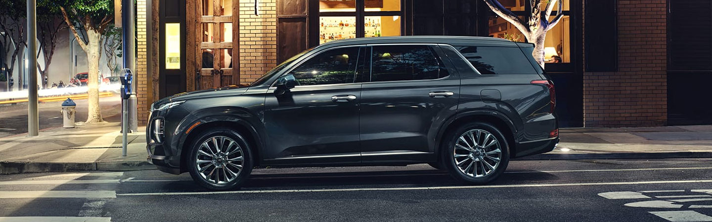 Left side profile of a gray 2020 Palisade parked in the city