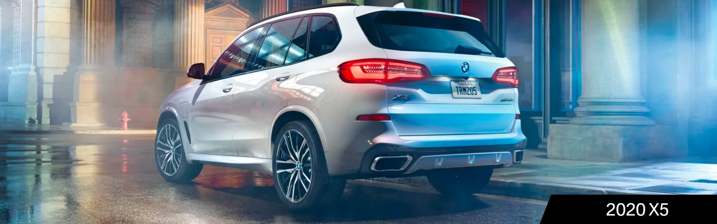 Rear view of a white 2020 BMW X5