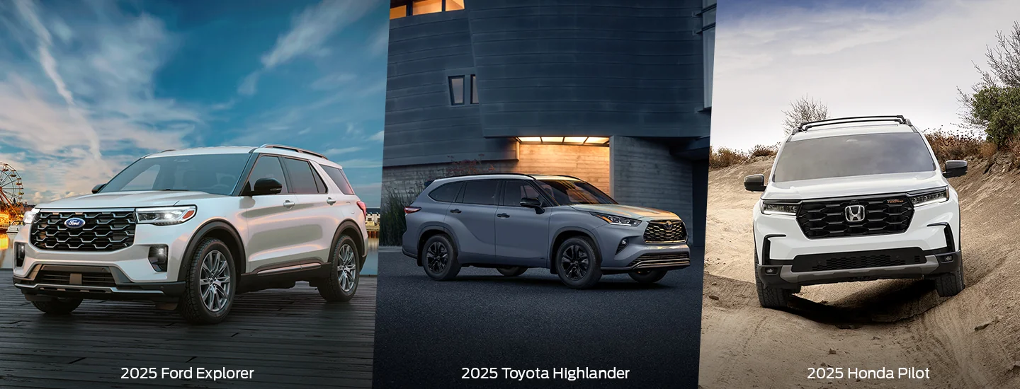 split image 3 cars a 2025 Ford Explorer a 2025 Toyota Highlander Platinum and a 2025 Honda Pilot Black Edition