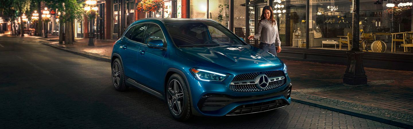 Blue 2021 Mercedes-Benz GLA 250 parked in the city