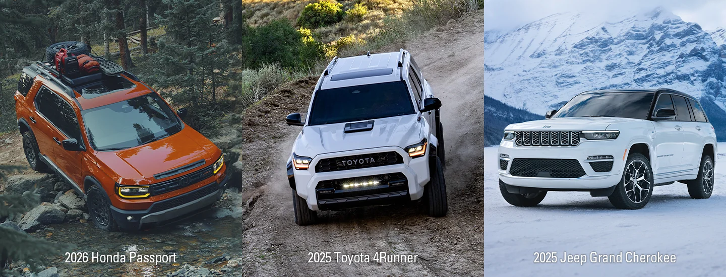 Side by side comparison of the 2026 Honda Passport, 2025 Toyota 4Runner, and 2025 Jeep Grand Cherokee