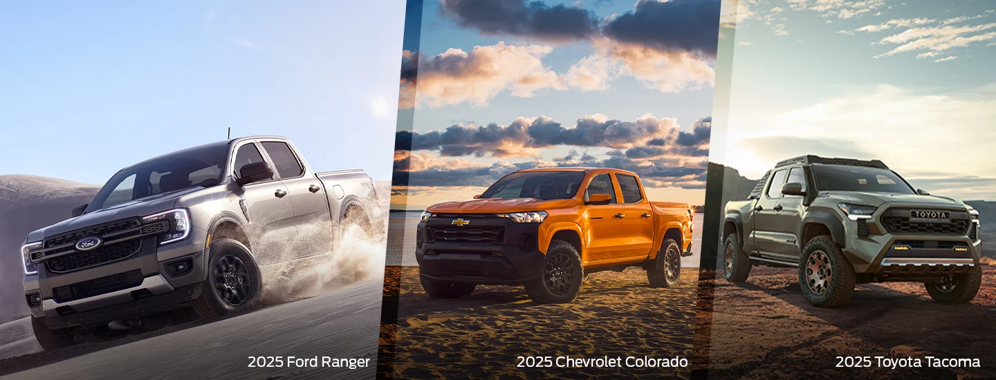 2025 Ford Ranger, a 2025 Chevrolet Colorado ZR2 and a 2025 Toyota Tacoma TRD Pro split screen image