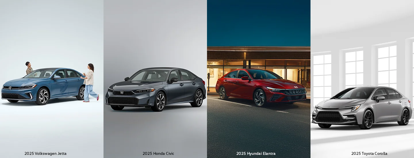 2025 Volkswagen Jetta SEL split image with 2025 Honda Civic Sport Touring Hybrid and a 2025 Hyundai Elantra N-Line and a 2025 Toyota Corolla XSE