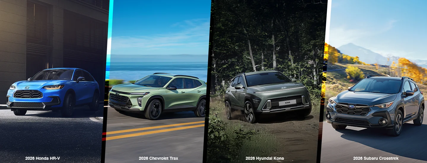 Side by side view of the 2026 Honda HR-V, Chevrolet Trax, Hyundai Kona, and Subaru Crosstrek Hybrid