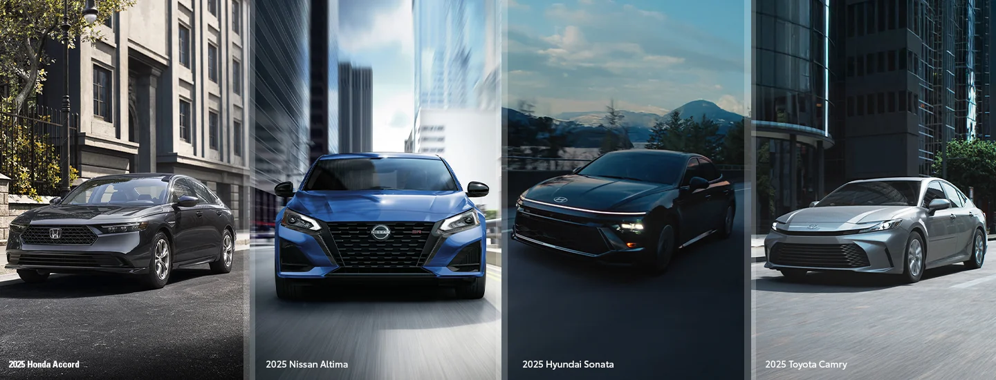 Side by side comparison of the 2025 Honda Accord, Nissan Altima, Hyundai Sonata, and Toyota Camry
