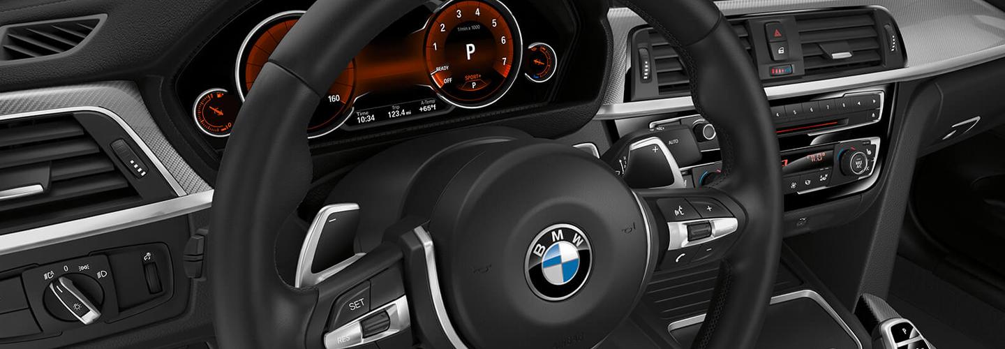 Close up of the steering wheel inside the 2020 BMW 4 Series