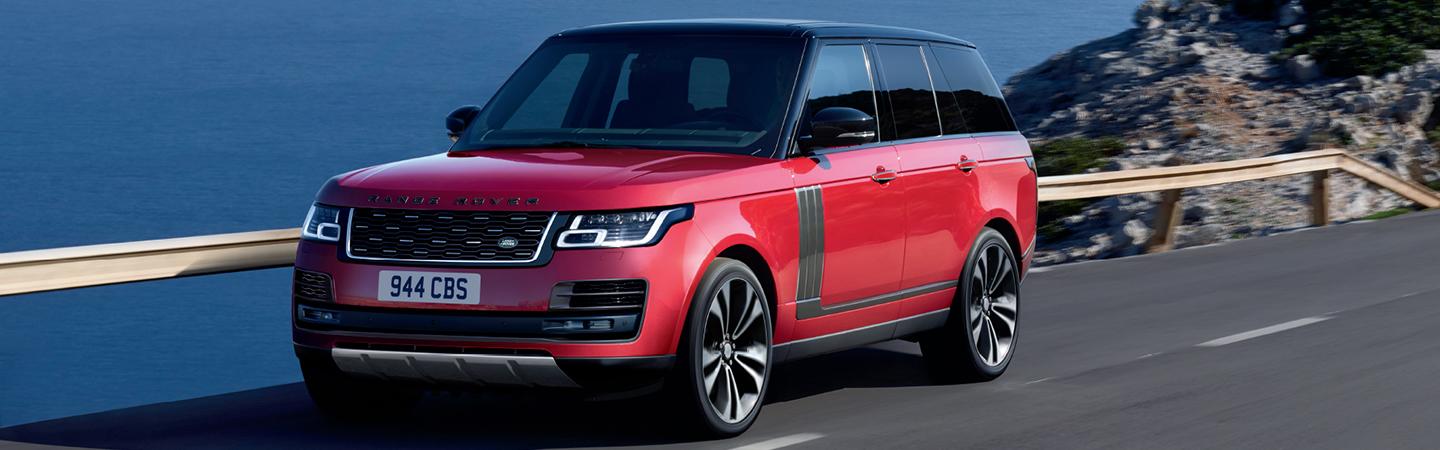 Rear view of gray Range Rover in the woods