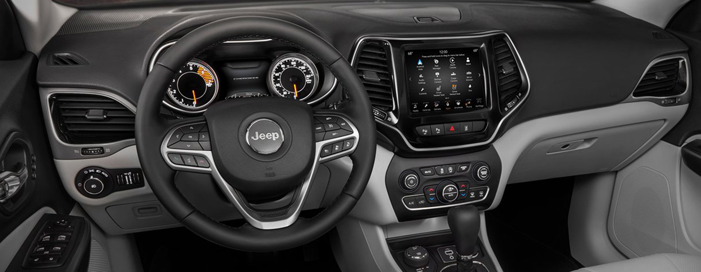 Safety features and interior of the new 2019 Jeep Cherokee which is for sale at our Jeep dealership in Lake City.