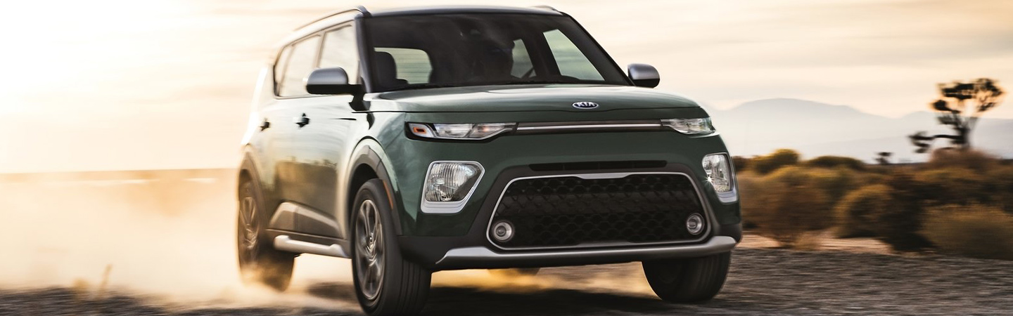 2020 Kia Soul in motion front view in desert