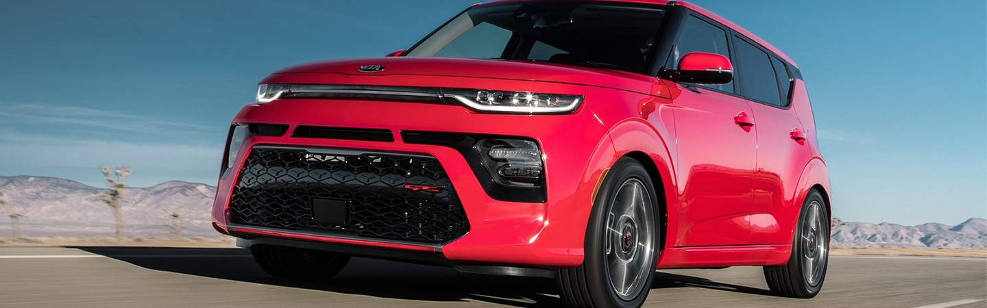 2020 Kia Soul front view on desert highway in motion