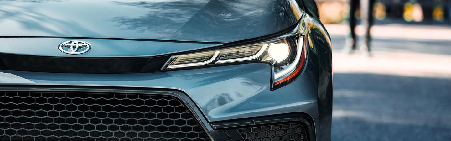 Close Up Of Blue 2021 Toyota Corolla Front End