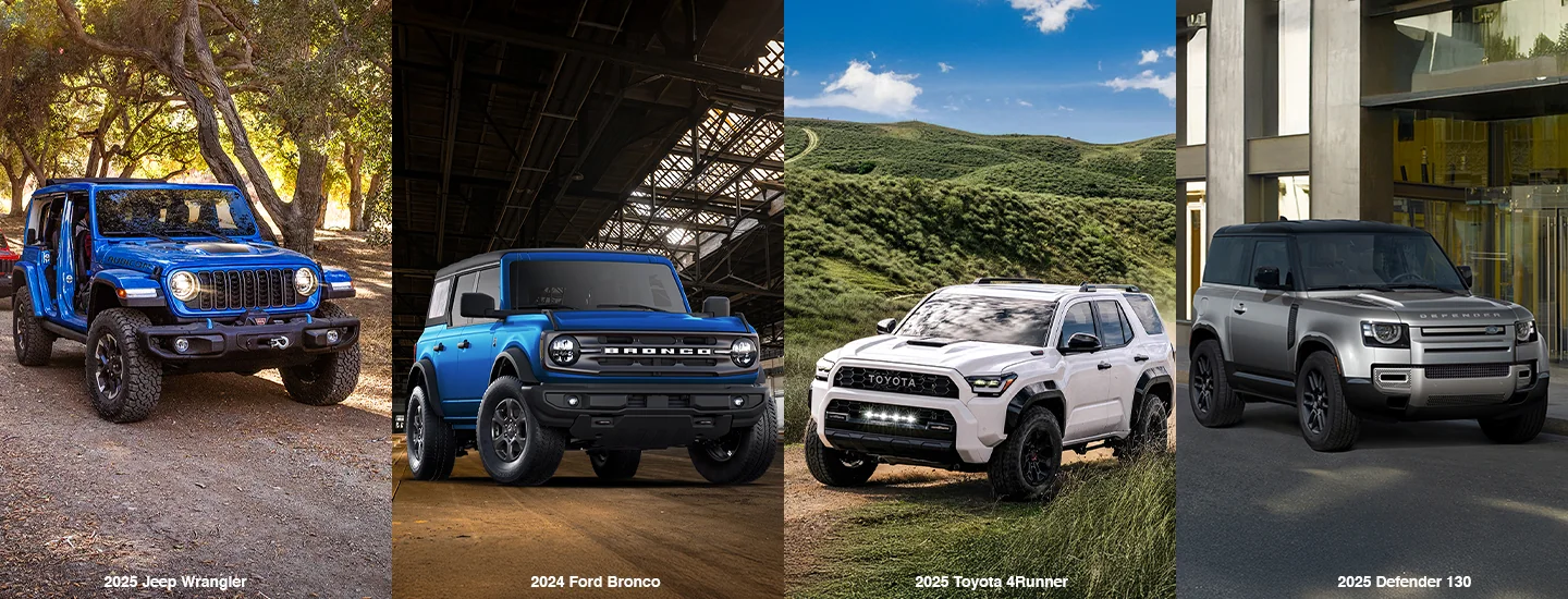 Side by side image of 2025 Jeep Wrangler Rubicon X, 2024 Ford Bronco Raptor®, 2025 Toyota 4Runner Trailhunter, 2025 Defender 130 Outbound