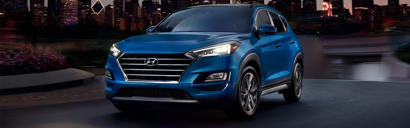 Front driver’s side view of blue 2020 Tucson