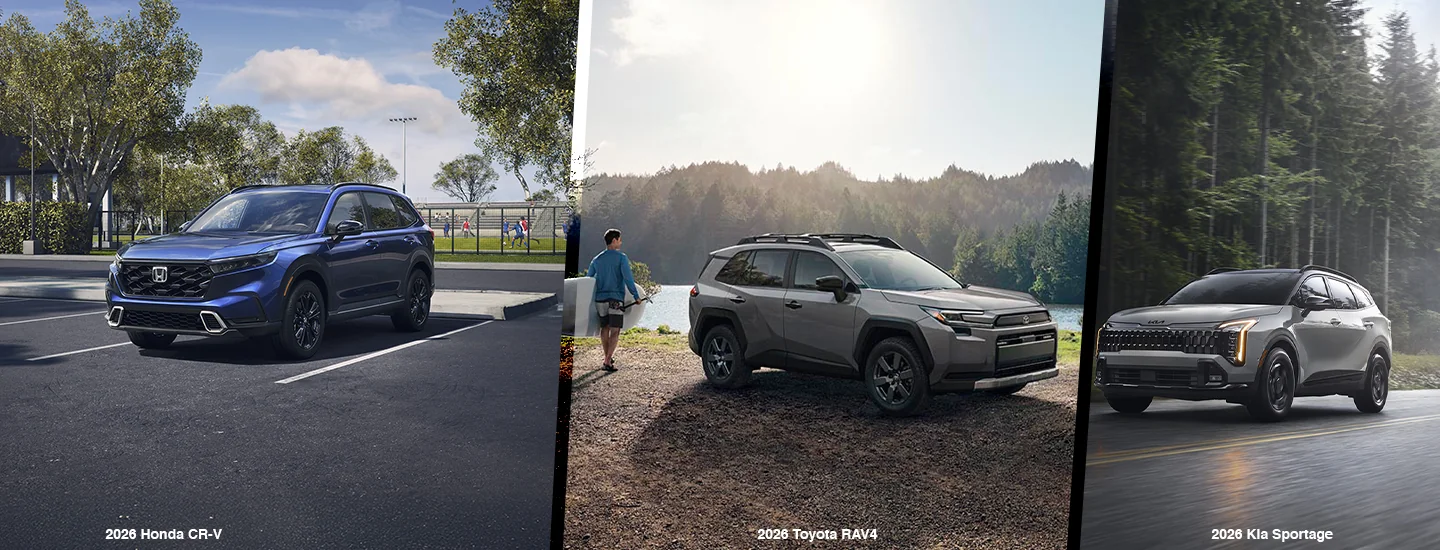 2026 Honda CR-V a 2026 Toyota RAV4 and a 2026 Kia Sportage split image