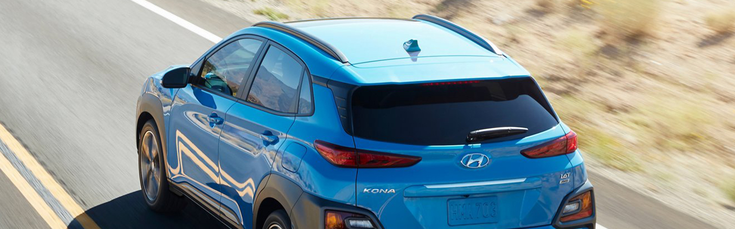 Aerial view of the 2021 Hyundai Kona driving