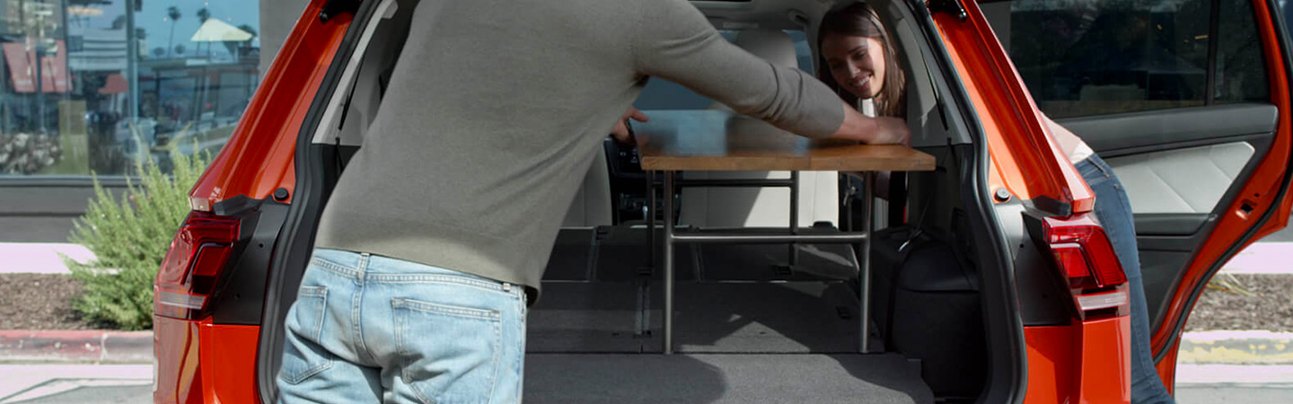 Rear view of the trunk space of the 2019 Volkswagen Tiguan being used